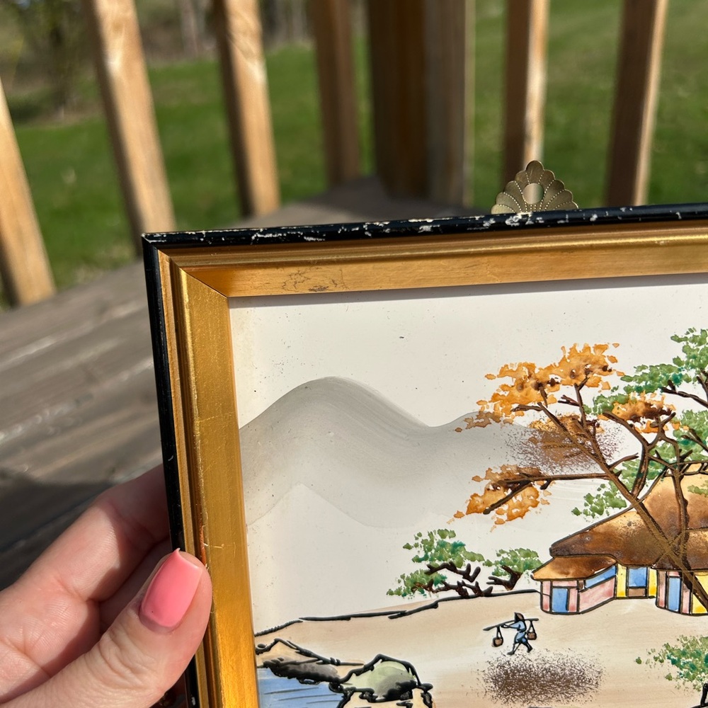 Vintage Japanese White w/ Black frame Landscape Water Fishing 7”x7” Japan - Picture 2 of 13
